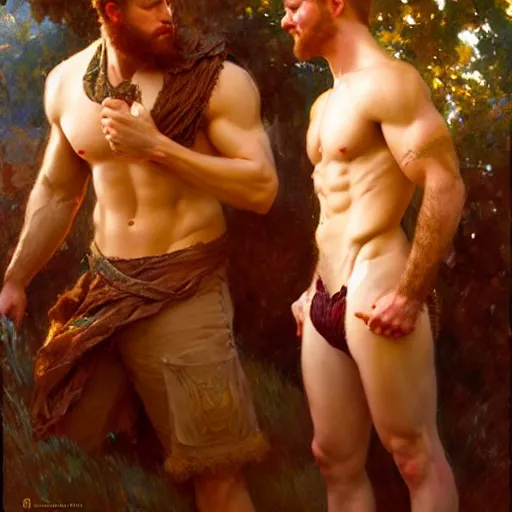 Image similar to attractive muscular mike with ginger hair with muscular attractive tyler with brunet hair, drinking their hearts out, in their noble mansion. very defined and highly detailed painting by gaston bussiere, craig mullins, j. c. leyendecker 8 k