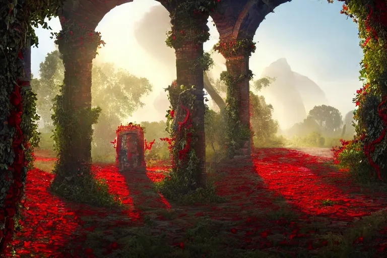 Prompt: broken arches leading to the pillars of eternity draped with red flowers and vines, blue sky, lens flare, a sense of mystery, cinematic, ultra detailed, intricate, sharp focus, trending on artstation, 8K, art by Tim Burton