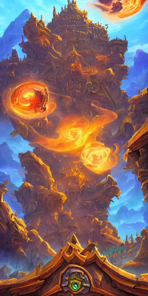 Image similar to hearthstone background, tower of babel, destruction, digital art