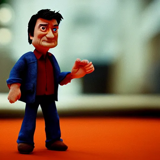 Image similar to a cinematic film still of a claymation stop motion film starring nathan fillion, shallow depth of field, 8 0 mm, f 1. 8