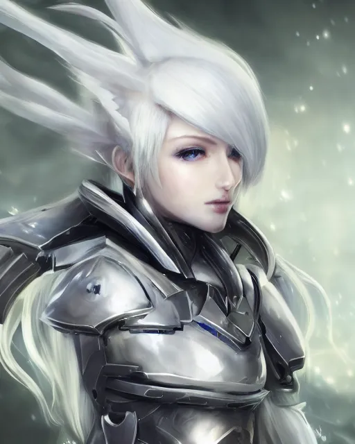 Image similar to perfect white haired girl, warframe armor, beautiful, dreamy, half asian, pretty face, blue eyes, detailed, windy weather, scifi, angel wings, utopian architecture, laboratory, 4 k, ultra realistic, epic lighting, cinematic, high detail, masterpiece, art by akihito tsukushi, akasuki voidstar