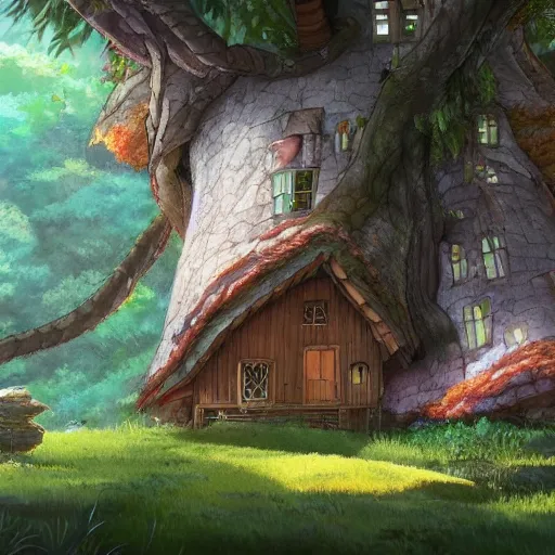 Prompt: House in a giant tree with a ghibli studio style, Artstation, concept art, 4k, 8k, high detailed