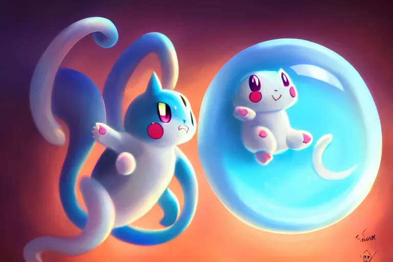 Image similar to cinematic portrait of cute Mew riding large blue bubble, oil on canvas in the style of Pokemon, epic masterpiece, trending on artstation, featured on pixiv, cinematic composition, dramatic pose, beautiful lighting, sharp, details, hyper-detailed, HD, HDR, 4K, 8K