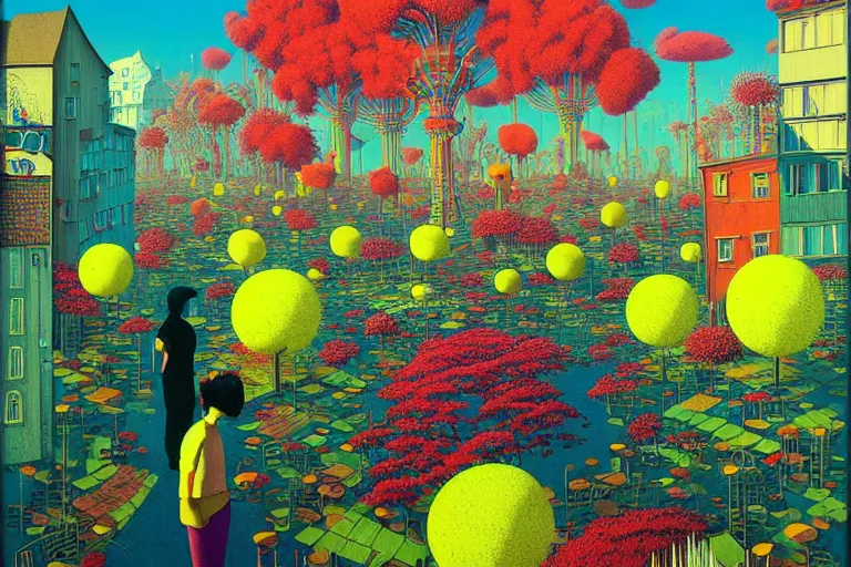 Image similar to surreal glimpse into other universe, seattle, summer morning, very coherent and colorful high contrast, art by!!!! gediminas pranckevicius!!!!, geof darrow, floralpunk screen printing woodblock, dark shadows, hard lighting, stipple brush technique,