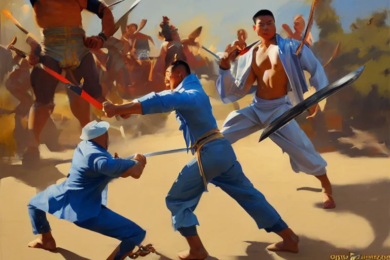 Image similar to greg manchess painting of a sword fight between a filipino wrestler and a blond man in a blue suit, organic painting, sunny day, matte painting, bold shapes, hard edges, street art, trending on artstation, by huang guangjian, gil elvgren, ruan jia, randy vargas, greg rutkowski