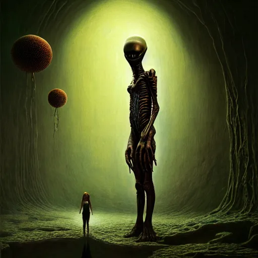 Image similar to alien man with alien woman, full body, portraiture, painted by Beksiński, 4k, intricate details, unreal engine, dynamic lighting