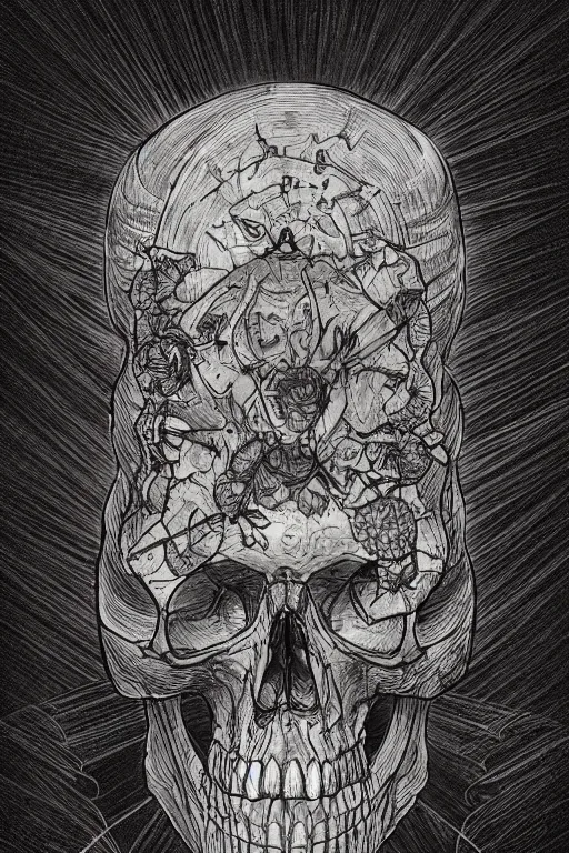 Image similar to divine illuminated skull, in the style of Greg Broadmore and Arthur Rackham and Moebius,trending on artstation, light lighting side view,digital art,surrealism ,macro,blueprint ,vaporwave ,