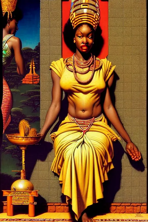 Prompt: an african goddess queen in a temple by gil elvgren and norman rockwell and rob gonsalves and hajime sorayama, hyperrealistic, high detail, ultra detailed