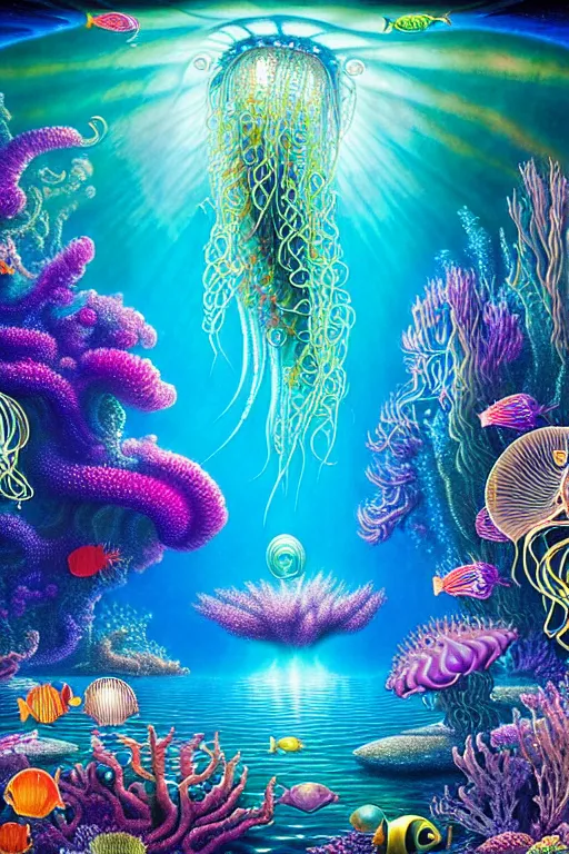 Prompt: a photorealistic detailed image of a beautiful vibrant iridescent underwater seascape of full of colorful aquatic plants and jellyfish, spiritual science, divinity, utopian, by david a. hardy, hana yata, kinkade, lisa frank,