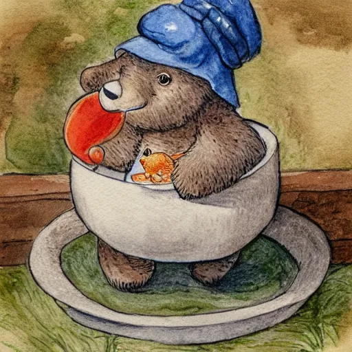 Image similar to a grumpy man dressed in a bear costume, holding a goldfish inside a bowl. watercolour with pencil, in the style of beatrix potter.