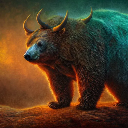 Image similar to photorealistic mystical horned bear in the style of michael whelan and gustave dore. hyperdetailed photorealism, 1 0 8 megapixels, amazing depth, glowing rich colors, powerful imagery, psychedelic overtones, 3 d finalrender, 3 d shading, cinematic lighting, artstation concept art