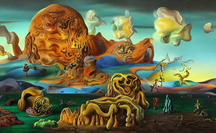 Prompt: strange surrealist landscape with very small strange figures in the distance with large looming biomorphic figures looming inthe foreground, painted by dali and todd schorr and rachel ruysch, timeless disturbing masterpiece