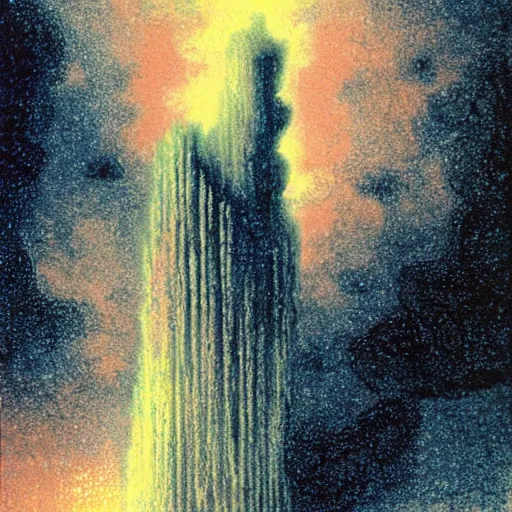 Image similar to auralwavewave tall misty galaxy cocobao crayola crayon heaven grain, by William Hogarth and Vincent Di Fate, matte painting, smooth tall fluffy hell vapor witch's garden tower phant