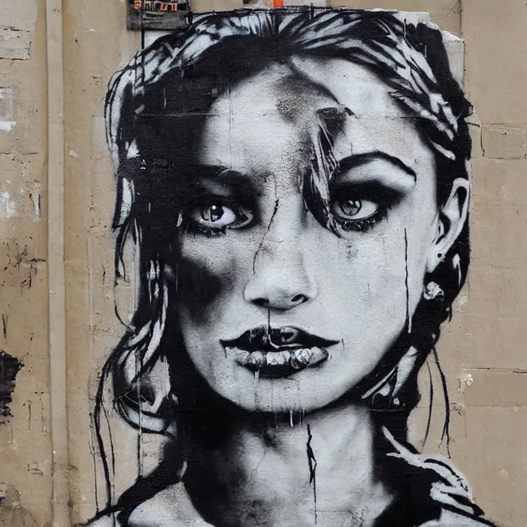 Image similar to Street-art portrait of Eve Mendes in style of Banksy, photorealism