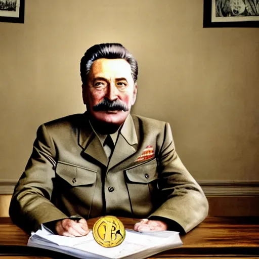 Prompt: an hd photo stalin with bitcoin, national geographic, warm lighting, 1 6 k