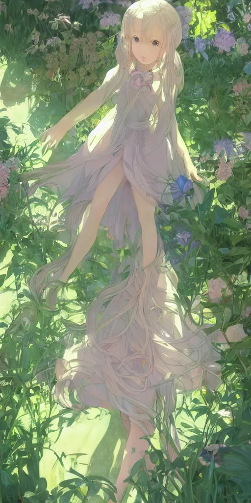 Prompt: a digital art of a loli with long hair in a dress in the privet garden at after noon, green and warm theme, back lighting, by krenz cushart and mucha and akihito yoshida and greg rutkowski and makoto shinkai, geometric shapes, hard edges, extremely long shot, detailed eyes, 4 k resolution, trending on art station