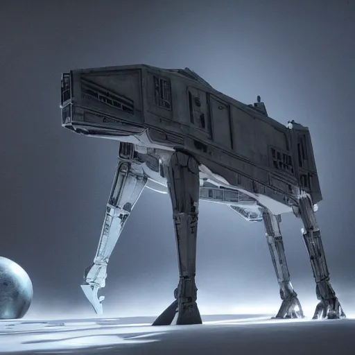 Image similar to a hyperrealistic octane render of a star wars at - at in the pose of the thinker by auguste rodin, unreal engine, 8 k, dramatic lighting, volumetric lighting, hyper detailed, photorealistic