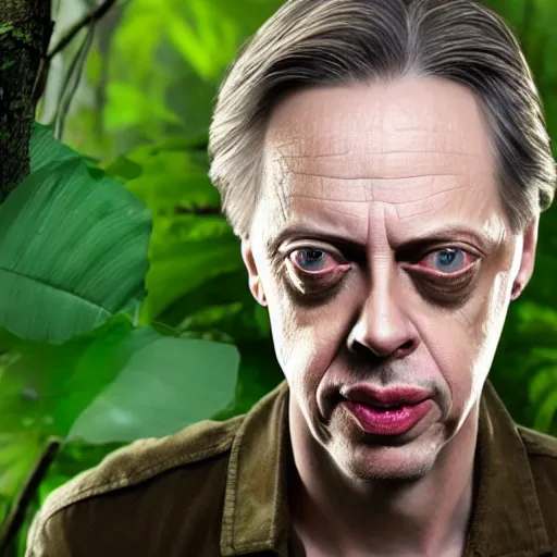 Image similar to hyperrealistic mixed media image of steve buscemi in a jungle, stunning 3 d render inspired art by xiang duan and thomas eakes, perfect facial symmetry, immaculate complexion, realistic, highly detailed attributes and atmosphere, dim volumetric cinematic lighting, 8 k octane detailed render, post - processing, masterpiece,