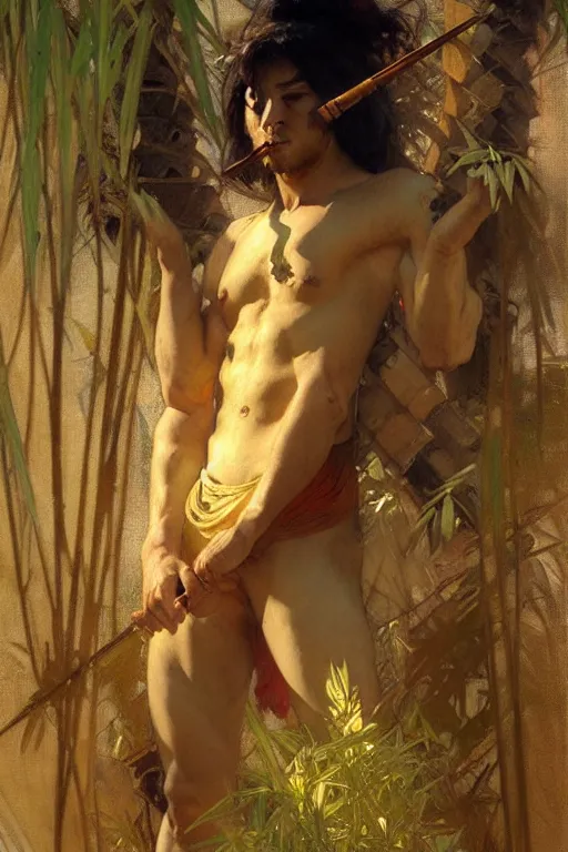 Image similar to god of bamboo, male character design, painting by gaston bussiere, craig mullins, greg rutkowski, alphonse mucha, trending on artstation