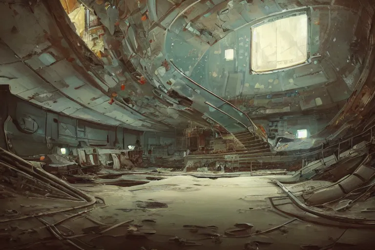 Image similar to A beautiful painting of inside in abandoned rusty space station from kindzadza, Trending on artstation.