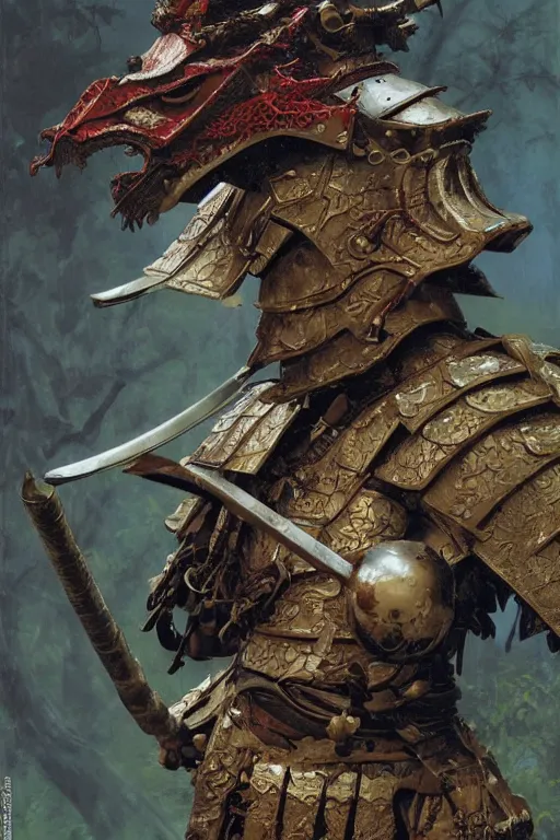 Image similar to close up of a wandering samurai in full armor resembling dragon skin and a helmet resembling a dragon head, resting in a dark bamboo forest, by huang guangjian and gil elvgren, sachin teng, greg manchess