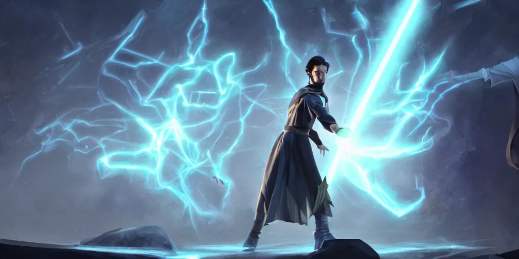 Prompt: a male sorcerer that looks like nikola tesla casting a lighting spell, light rays, bloom, epic pose, dramatic lighting, concept art, by dan luvisi, jason chan and gilles beloeil
