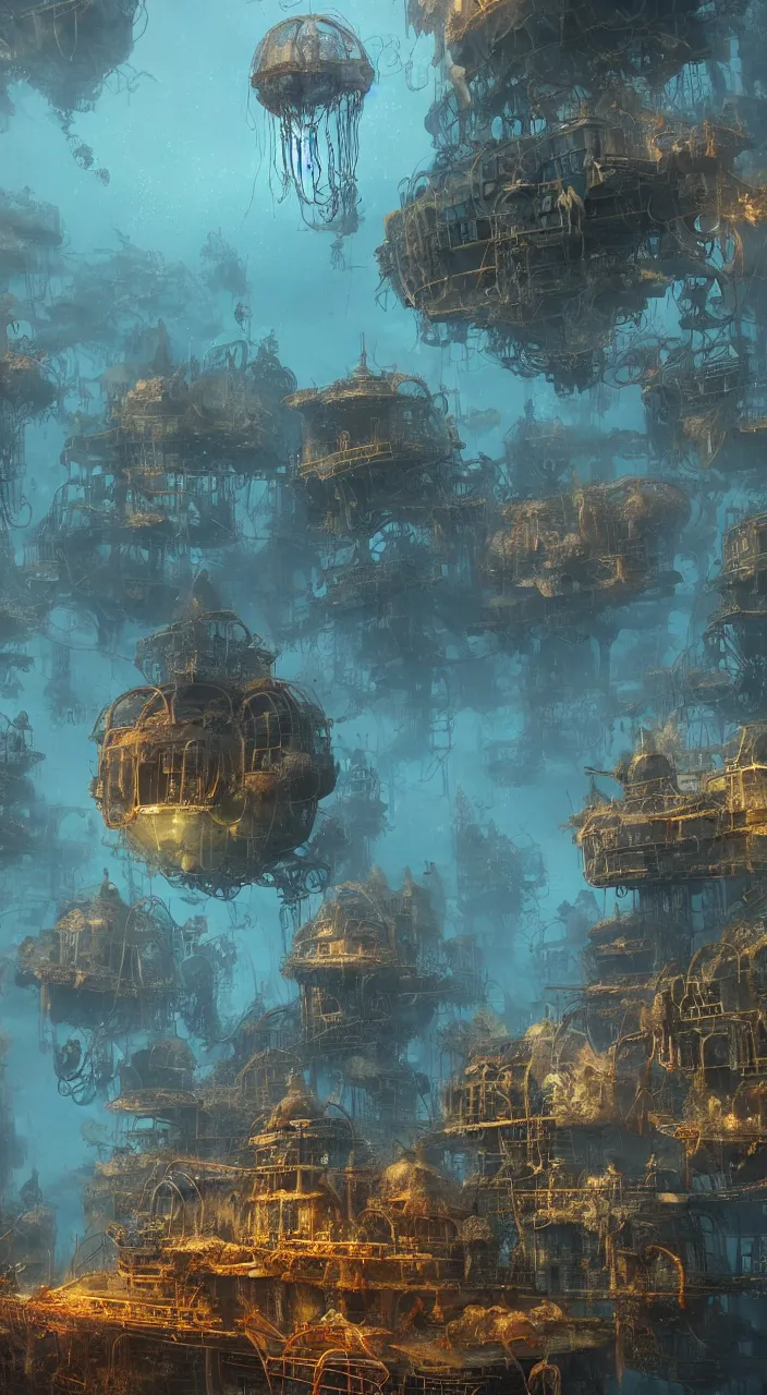 Prompt: underwater buildings that resembles steampunk man o war jellyfish, james gurney, thomas kinkade, cinematic lighting, artstation, vibrant nature, tuomas korpi, tekkon kinreet, volumetric light, artstation, octane render, redshift render, low angle camera, rich deep moody colors