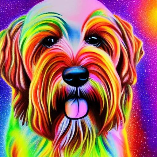 Prompt: luminescent colorful detailed airbrush painting of labradoodle dog