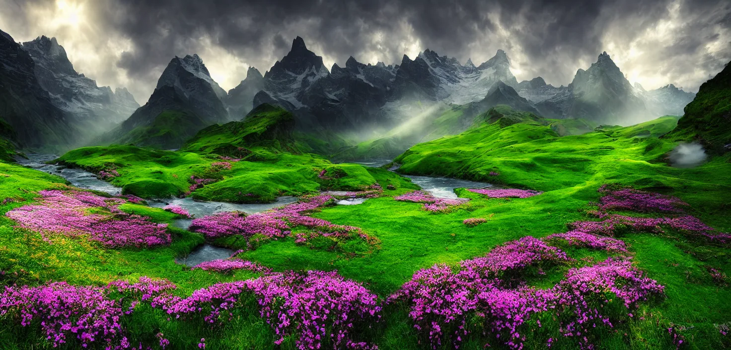 Image similar to amazing landscape photo of switzerland green spring with flowers by marc adamus, beautiful dramatic lighting