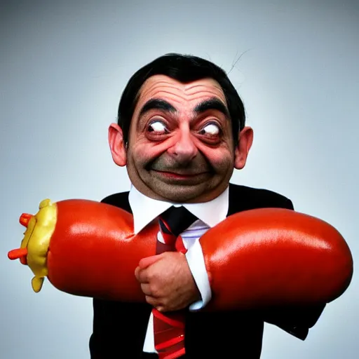 Image similar to A World Press Photo Award winning photograph of mr. Bean dressed as a hotdog