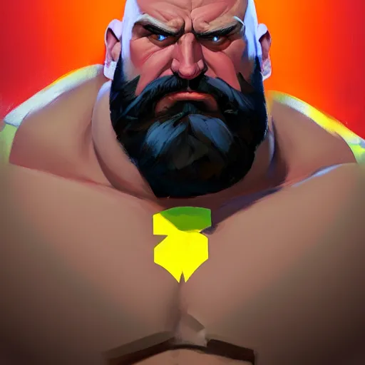 Image similar to Greg Manchess portrait painting of Zangief as Overwatch character, medium shot, asymmetrical, profile picture, Organic Painting, sunny day, Matte Painting, bold shapes, hard edges, street art, trending on artstation, by Huang Guangjian and Gil Elvgren and Sachin Teng