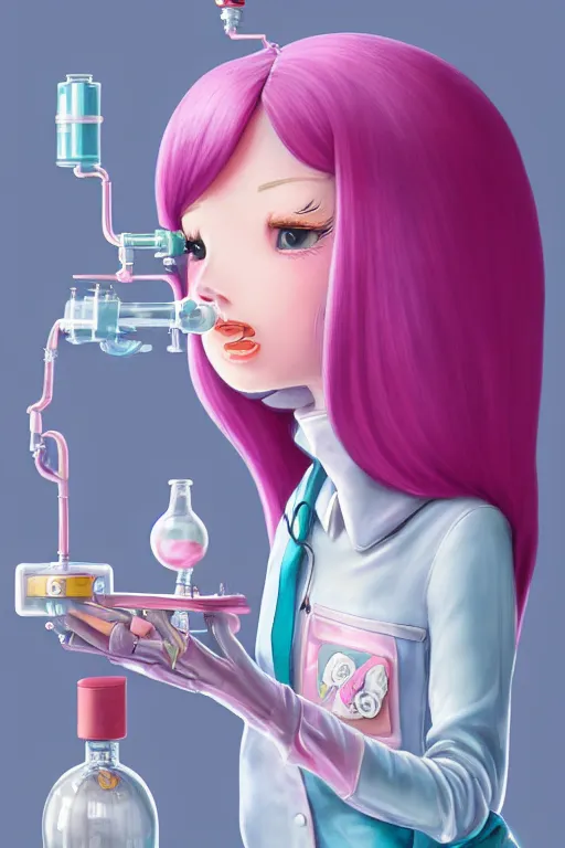 Image similar to highly detailed, industrial photography, profile view of adult princess bubblegum from adventure time, working in her science lab, wearing lab coat, long bubblegum hair, long straight bangs, confident, beautiful, attractive, illustration concept art by nicoletta ceccoli, mark ryden, lostfish, detailed and intricate environment, 8 k resolution, hyperrealistic, octane render