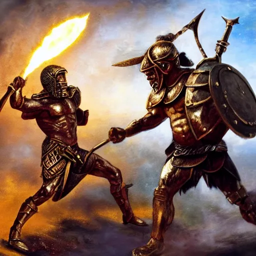 Prompt: african american male spartan warrior with intricate bronze armour fighting a demon with a fiery greatsword