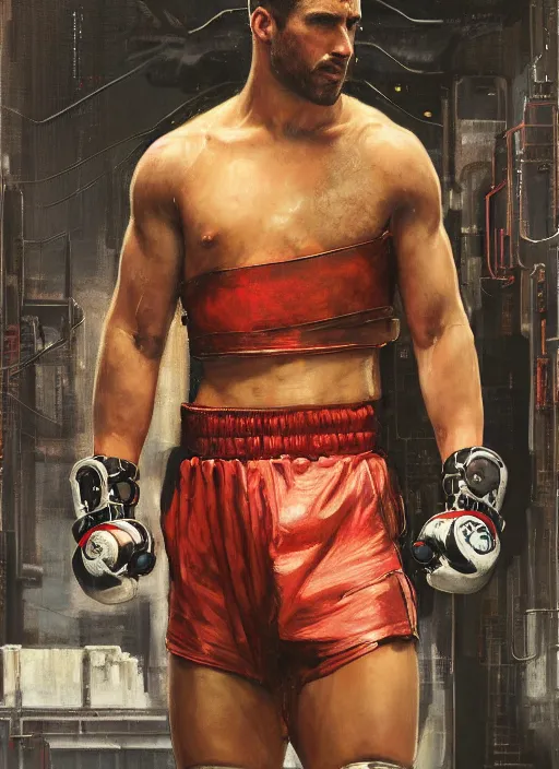 Image similar to buff cyberpunk olympic boxer with robotic arms and cybernetic eyepiece wearing a jumpsuit ( blade runner 2 0 4 9, cyberpunk 2 0 7 7 ). orientalist portrait by john william waterhouse and james gurney and theodore ralli and nasreddine dinet, oil on canvas. cinematic, hyper realism, realistic proportions, dramatic lighting, high detail 4 k