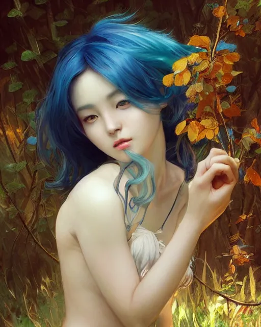 Prompt: stunningly beautiful female blue hair, cute korean actressr, antasy art, fae priestess, lush forest landscape, dark light night, sharp focus, digital painting, 8 k, concept art, art by wlop, artgerm, greg rutkowski and alphonse mucha