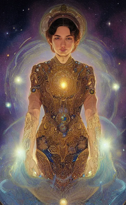 Image similar to portrait of a cosmic goddess, suit made out of stars and galaxies and cosmic energy, intricate, headshot, highly detailed, digital painting, artstation, concept art, sharp focus, cinematic lighting, illustration, art by artgerm and greg rutkowski, alphonse mucha, cgsociety