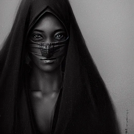 Image similar to a portrait of a young black woman wearing a long dark cloak, hood and shadows covering face, anatomically correct, beautiful perfect face, enigmatic, oil painting, matte painting, black background, Volumetric dynamic lighting, Highly Detailed, Cinematic Lighting, Unreal Engine, 8k, HD, by Beksinski