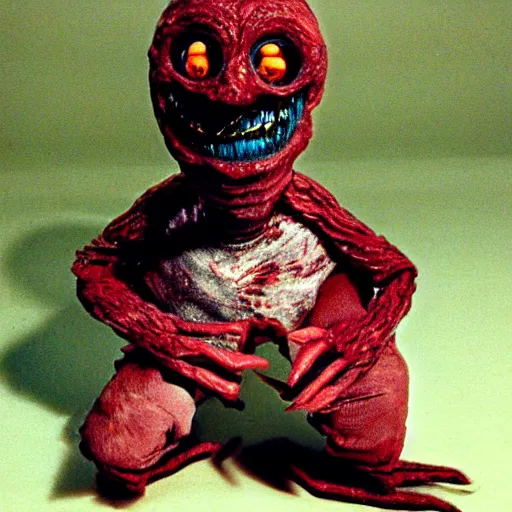 Image similar to creepy creature toy from a bad 90s commercial, vhs footage