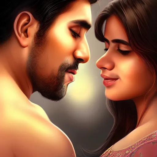 Image similar to theatrical press release ; indian young male and female couple sharing one heart ; stunning digital artwork by artgerm ; cinematic movie pose ; photorealistic, hyperrealistic, dramatic soft rim light ; highly detailed ; face by wlop ; trending on artstation ; cinematography from music video