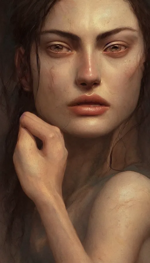 Image similar to epic masterpiece phoebe tonkin, sweaty skin, hyperrealistic, octane render, cinematic, beautiful face and flawless skin, perfect hands, 5 fingers, by edgar maxence and ross tran and michael whelan, legends of runeterra