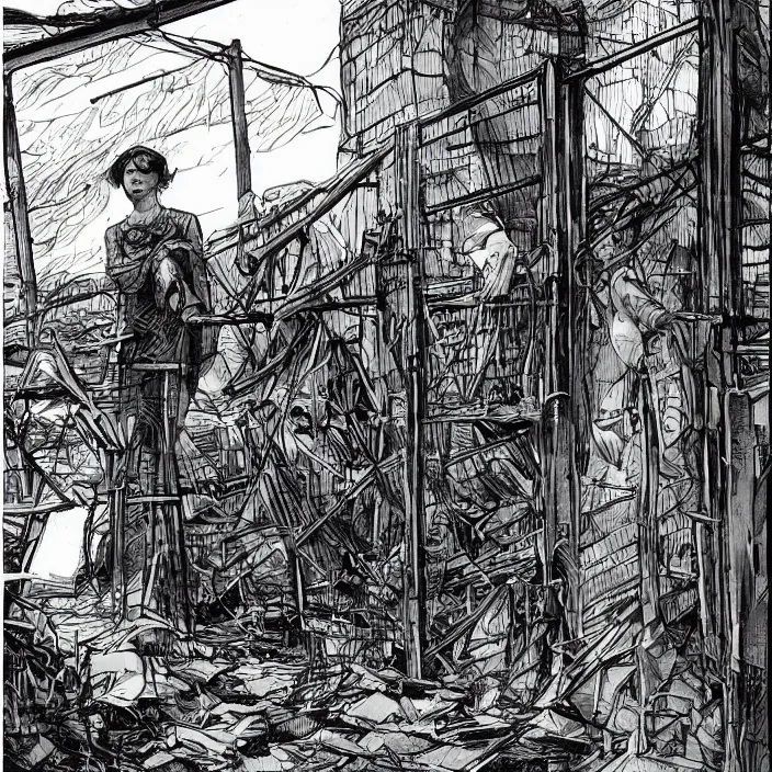 Image similar to sadie sink in dirty workmen clothes waves goodbye to workmen. near a gate. background : factory, dirty, polluted. technique : black and white pencil and ink. by gabriel hardman, joe alves, chris bonura. cinematic atmosphere, detailed and intricate, perfect anatomy