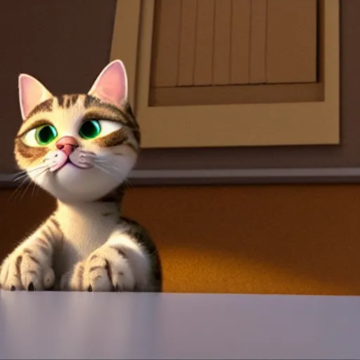 Image similar to pixar movie, tabby cat, 3 d, pixar _ tabby _ cat