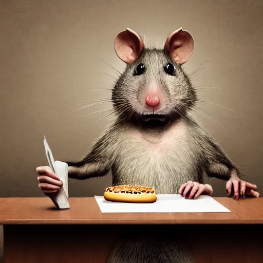 Image similar to an anthropomorphic rat!!!!! sitting at a desk, eating a burger, photorealism, 4 k, 8 k, shot by jimmy nelson, intricate