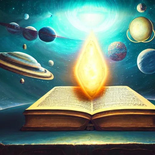 Image similar to front facing shot of an ancient book on a vintage table in space, concept art, sci - fi illustration, painting, realistic,, radiant light, detailed and intricate environment, 8 k, h 6 4 0