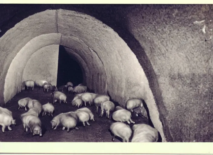 Prompt: polaroid of jean genet surrounded by piglets in a tunnel