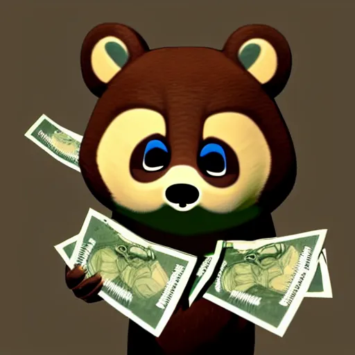 Prompt: tom nook crying, holding bags of money, 3 d model, unreal engine, hyper detailed, video game art, concept art, artstation