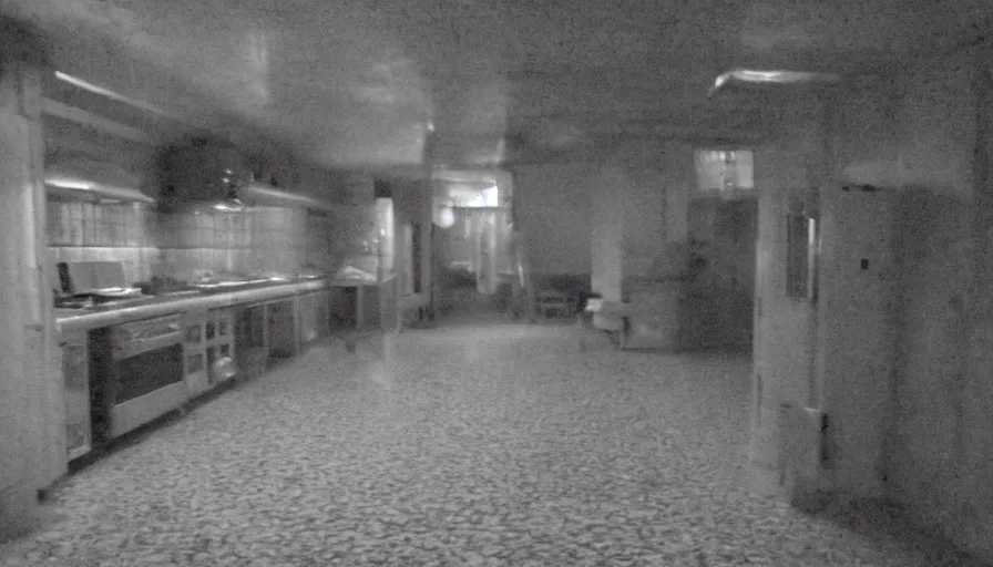 Prompt: a peacock in a stalinist style kitchen, mini dv camera found footage, very very low quality picture, heavy grain, caught on security camera, heavy jpeg artifact, night vision very blurry, caught on trail cam, 1 4 4 p