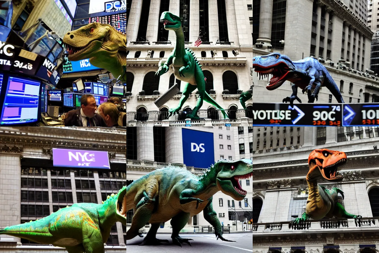 Prompt: dinosaurs attack new york stock exchange