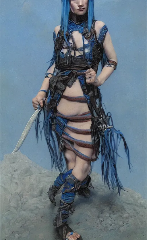 Prompt: little angry girl with blue hair, warrior dress, by gerald brom