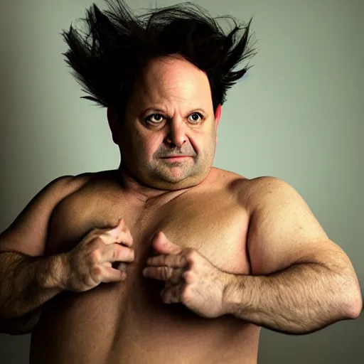 Prompt: uhd candid photo of jason alexander as a super sayian, glowing, global illumination, studio lighting, radiant light, detailed, correct face, elaborate intricate costume. photo by annie leibowitz